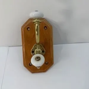 Wall Decor | Vintage Brass And Ceramic Double Wall Hook On Oak Wood ...